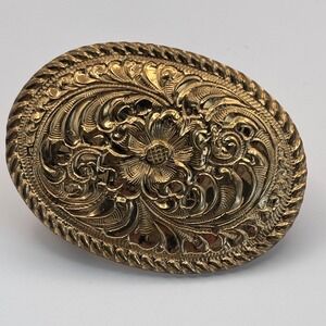 Vintage Crumrine Women's Belt Buckle Etched Ornate Oval Metal Rope Border